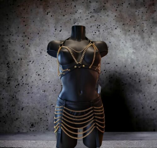 Gouden kettingen met zwart leder set